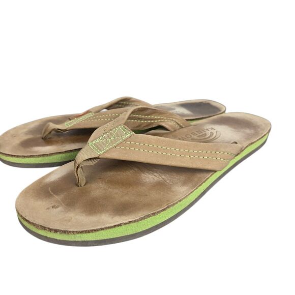 Rainbow Sandals Men's Sz 7.5 - 8.5 Tan Green 1 " Leather Straps Double Layer - Picture 4 of 15